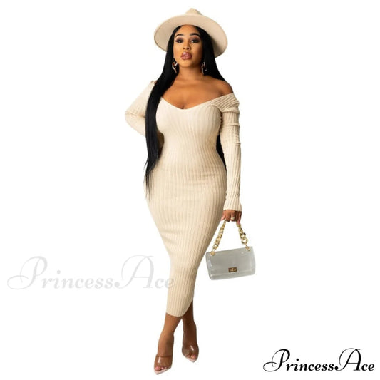 V Neck Sexy Slim Elastic Basic Long Bodycon Dress Beige / S
