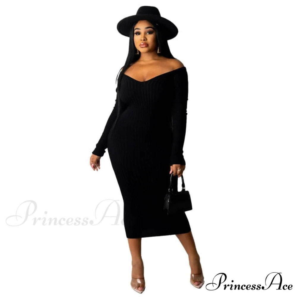 V Neck Sexy Slim Elastic Basic Long Bodycon Dress black / S