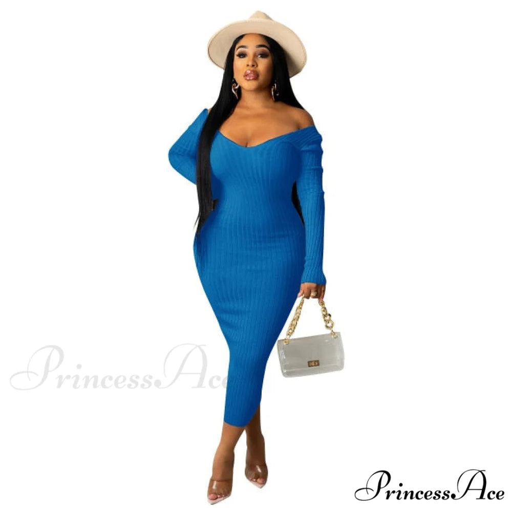 V Neck Sexy Slim Elastic Basic Long Bodycon Dress Blue / S