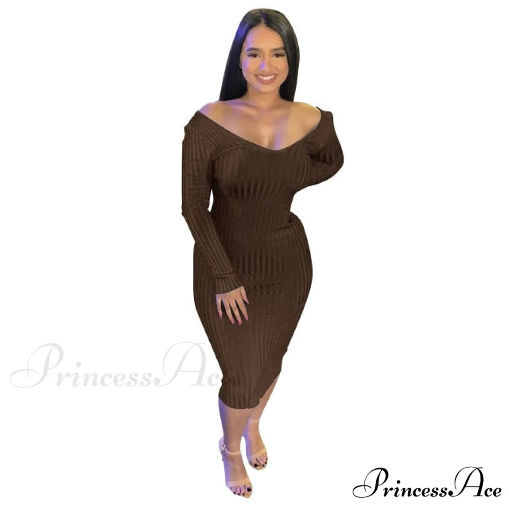 V Neck Sexy Slim Elastic Basic Long Bodycon Dress coffee / S