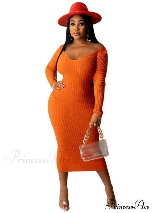 V Neck Sexy Slim Elastic Basic Long Bodycon Dress Orange / S