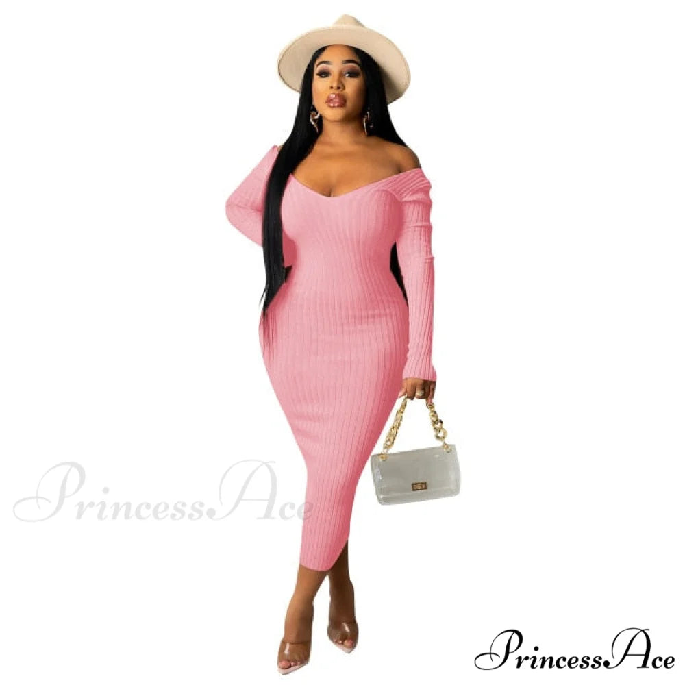 V Neck Sexy Slim Elastic Basic Long Bodycon Dress Pink / S