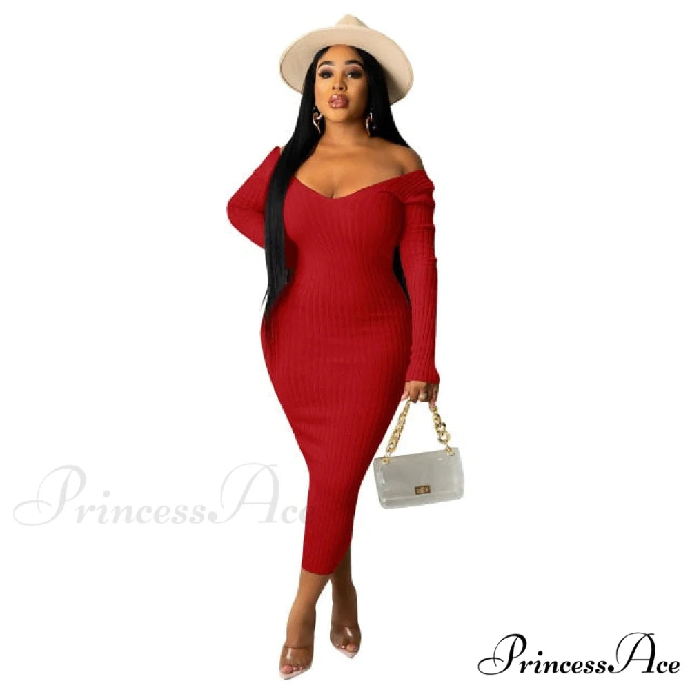 V Neck Sexy Slim Elastic Basic Long Bodycon Dress Red / S