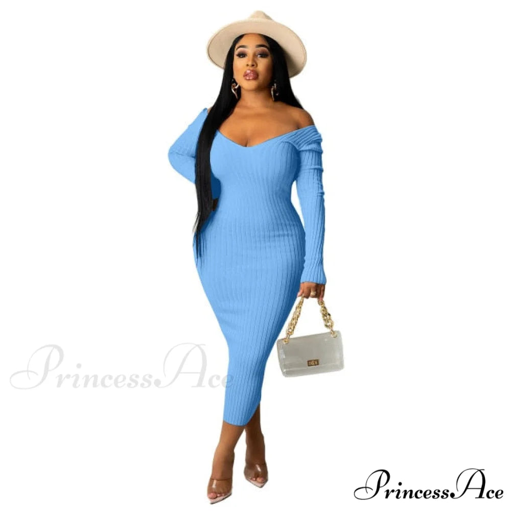 V Neck Sexy Slim Elastic Basic Long Bodycon Dress sky blue / S