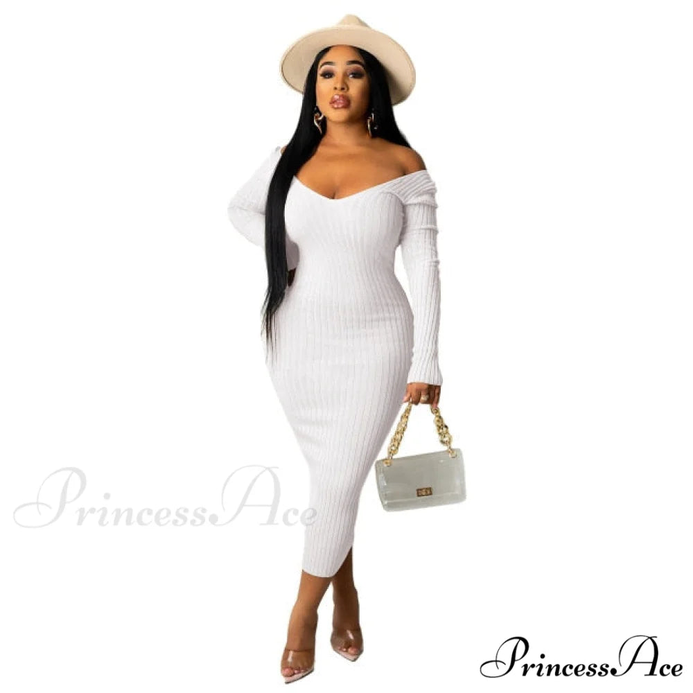 V Neck Sexy Slim Elastic Basic Long Bodycon Dress white / S