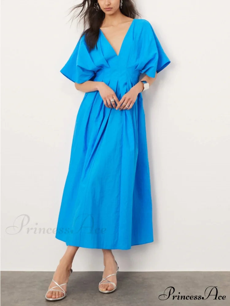 V-Neck Short Sleeve Charming Midi Dress In Blue Blue / S