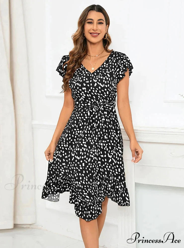 V-Neck Short Sleeve Leopard Print Irregular Dress M / blue