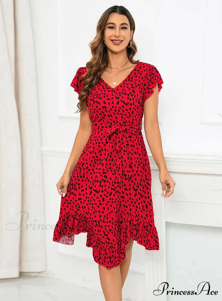 V-Neck Short Sleeve Leopard Print Irregular Dress S / red