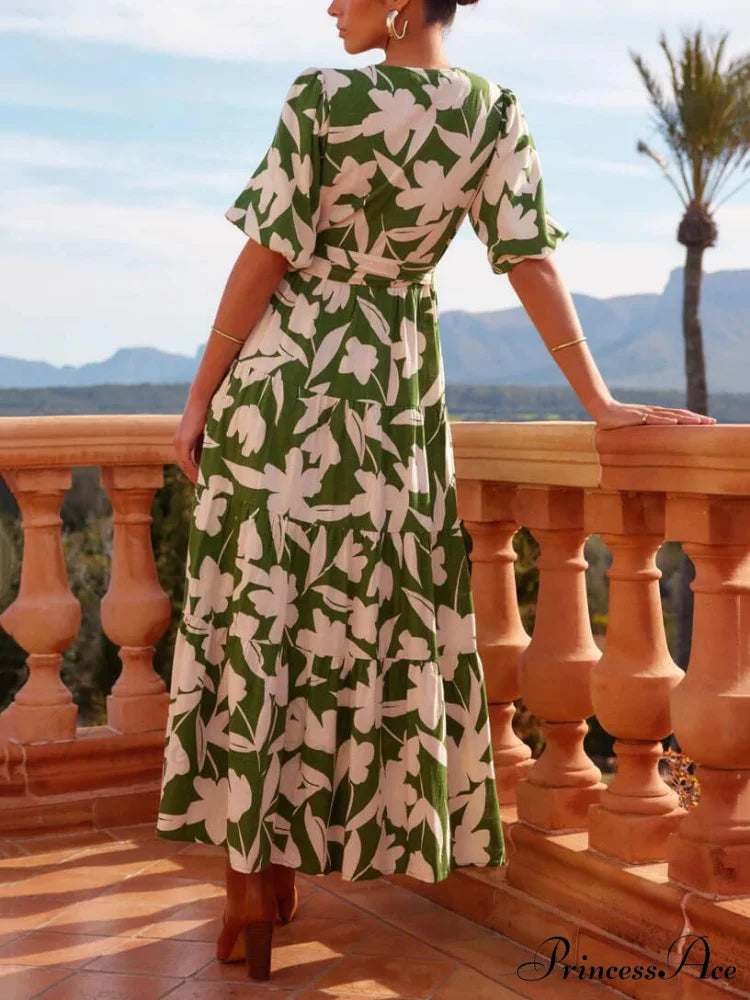 V-Neck Short-Sleeved Slit Charming Printed Midi Dress