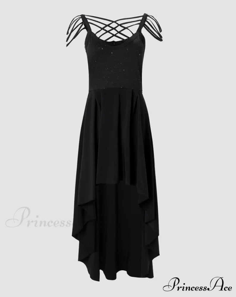 V-Neck Sleeveless Crisscross Tassel Design High Low Hem Glitter Party Dress BLACK / XL