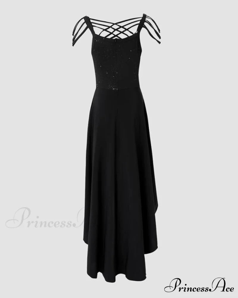V-Neck Sleeveless Crisscross Tassel Design High Low Hem Glitter Party Dress BLACK / XL