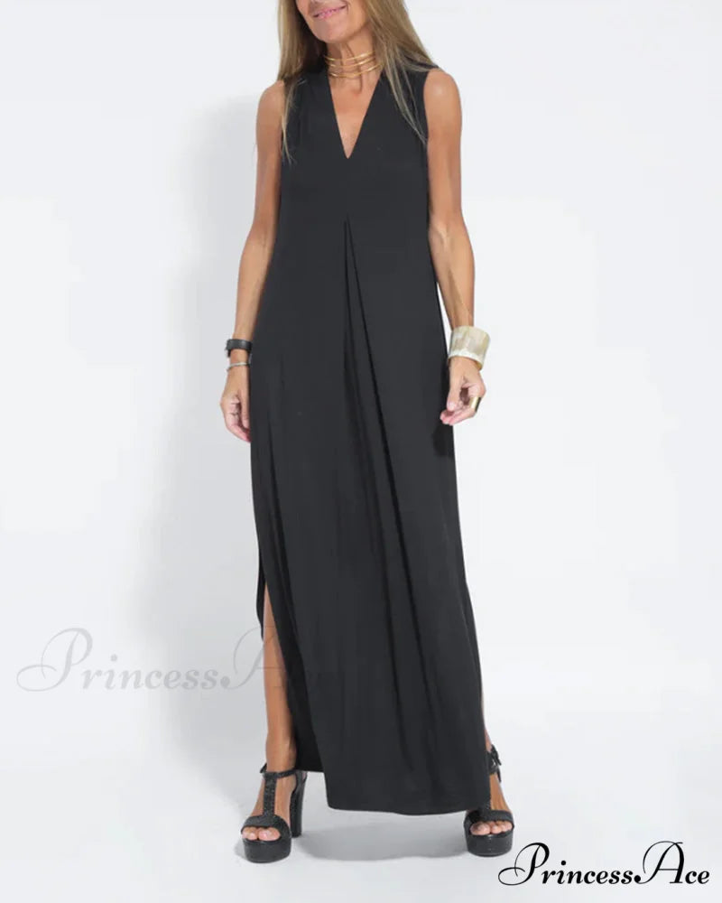 V-neck sleeveless dress in solid color
