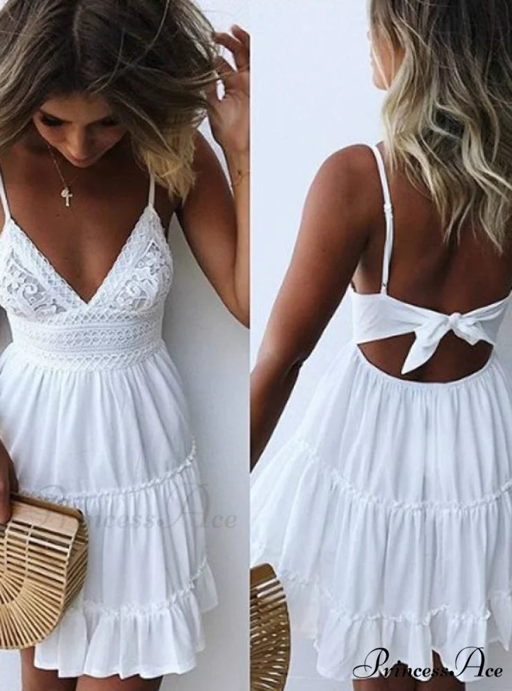 V-neck Sleeveless Lace Patchwork Beach Dress for Women M / White