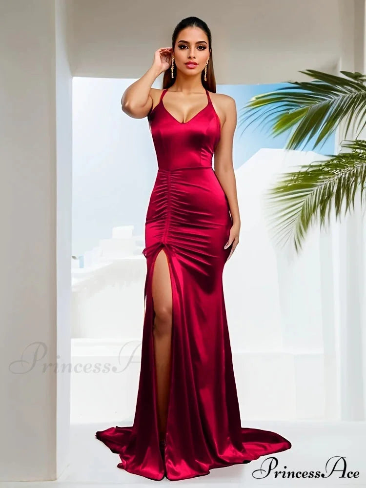 V-Neck Sleeveless Satin Party Dress