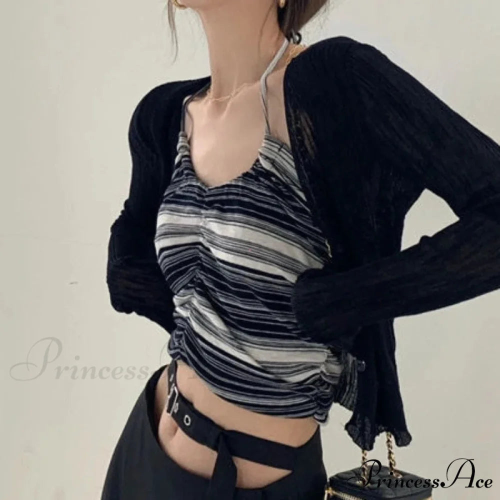 V-Neck Slim Long Sleeve Sun Protection Informal Black White Cardigan cardiagn-250126