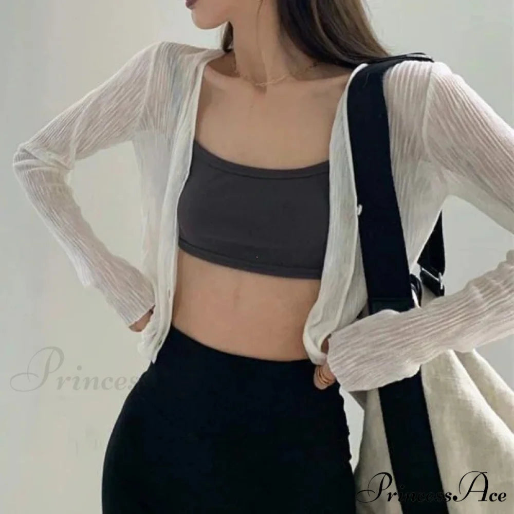 V-Neck Slim Long Sleeve Sun Protection Informal Black White Cardigan cardiagn-250126