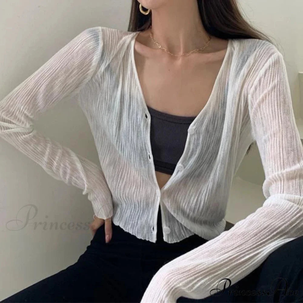 V-Neck Slim Long Sleeve Sun Protection Informal Black White Cardigan White / One Size cardiagn-250126