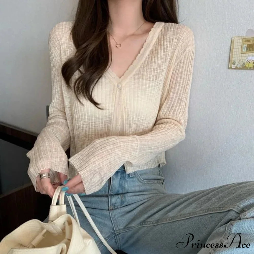 V-Neck Slim Sun Protection Korean Style Knitted Summer Cardigan Apricot / One Size cardiagn-250126