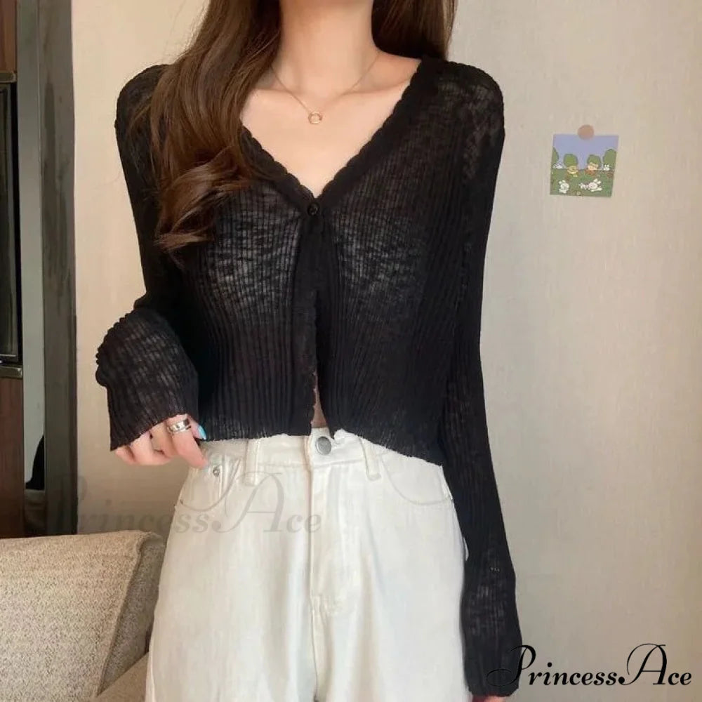 V-Neck Slim Sun Protection Korean Style Knitted Summer Cardigan Black / One Size cardiagn-250126