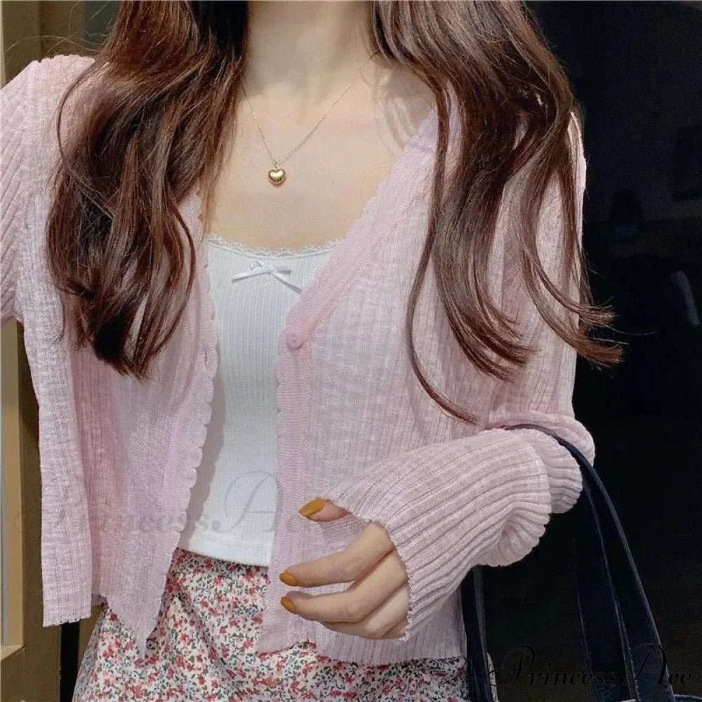 V-Neck Slim Sun Protection Korean Style Knitted Summer Cardigan Pink / One Size cardiagn-250126