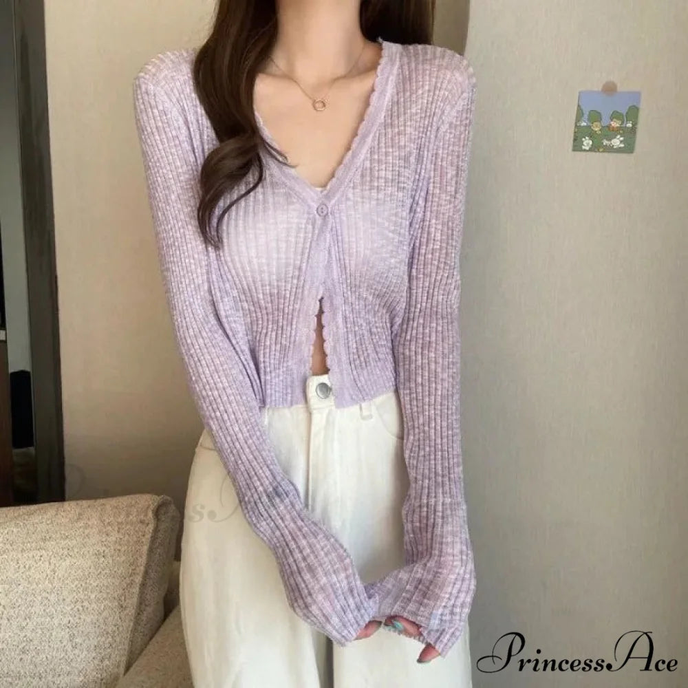 V-Neck Slim Sun Protection Korean Style Knitted Summer Cardigan Purple / One Size cardiagn-250126