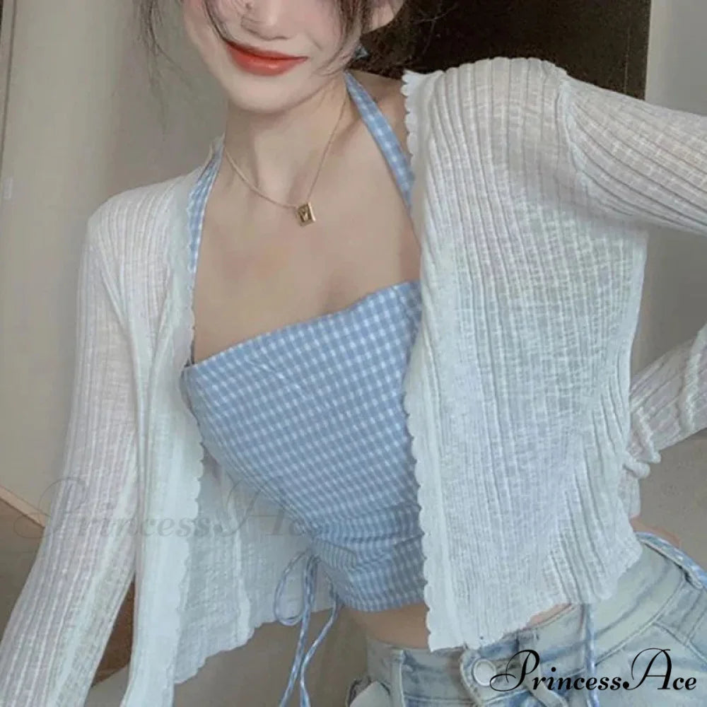 V-Neck Slim Sun Protection Korean Style Knitted Summer Cardigan White / One Size cardiagn-250126