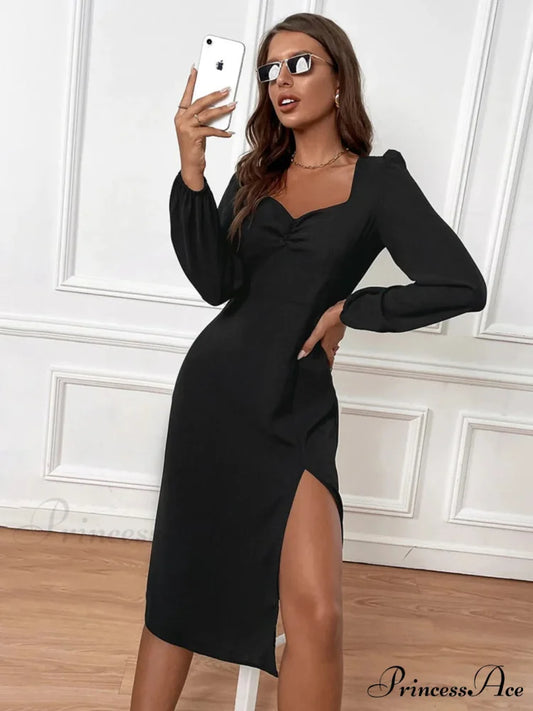 V-Neck Slit Long Sleeve Slim Dress