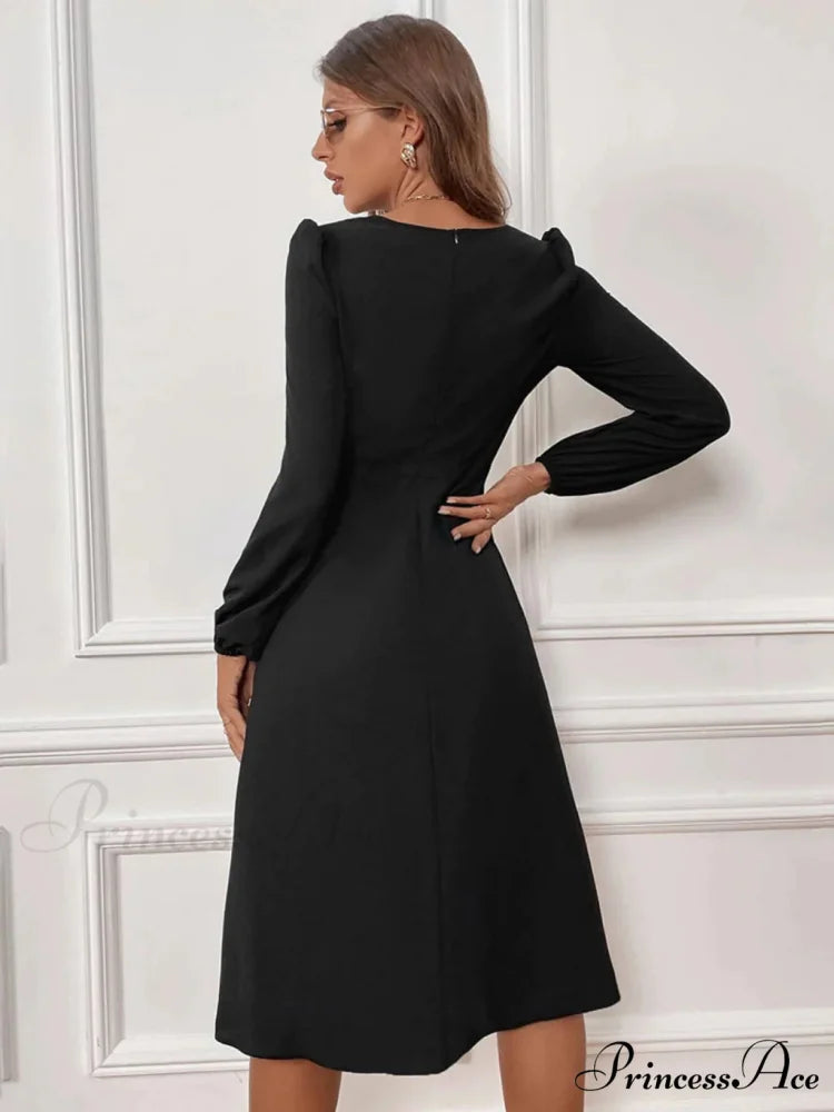 V-Neck Slit Long Sleeve Slim Dress