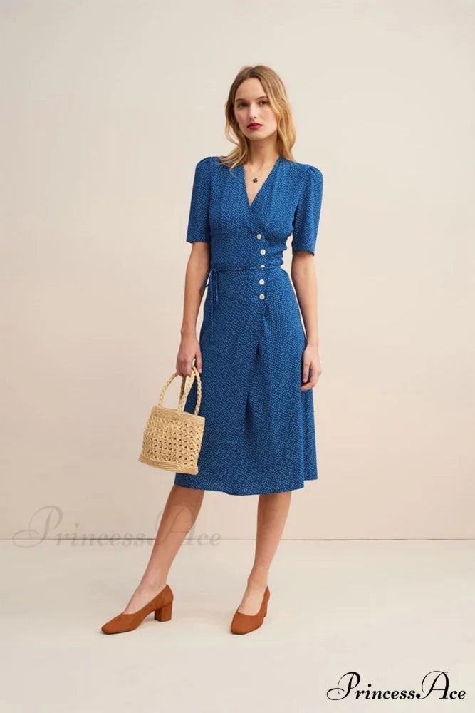 V Neck Slit Short Sleeve Dress Blue / S