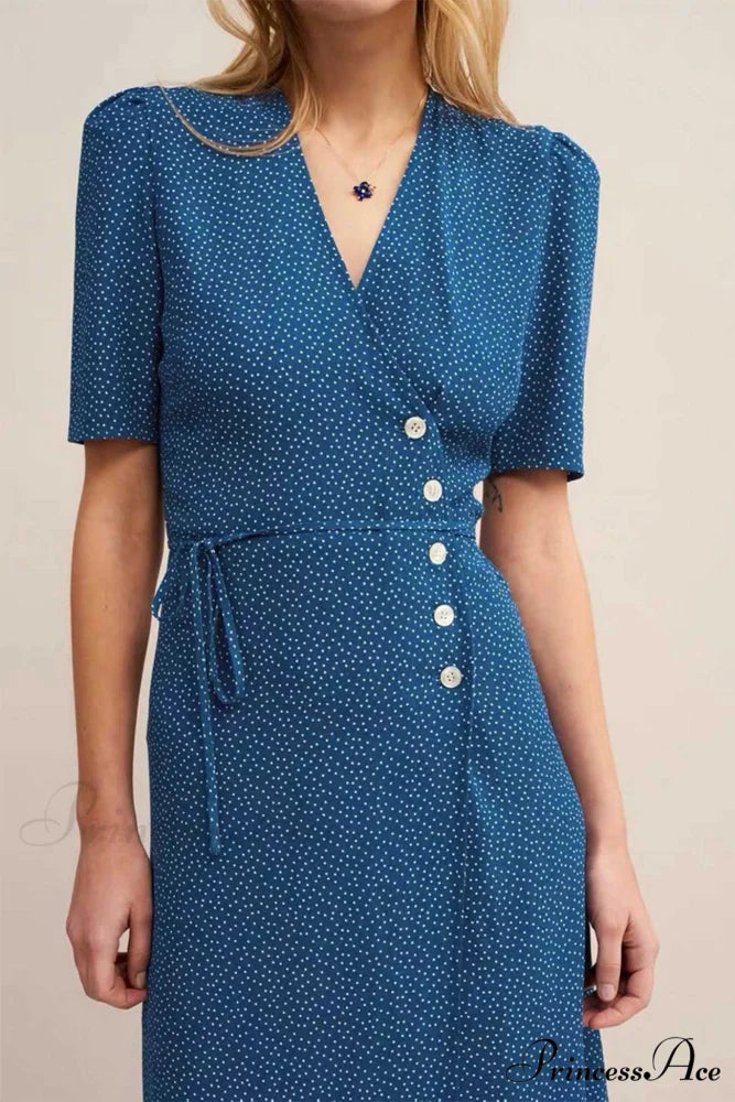 V Neck Slit Short Sleeve Dress Blue / XS