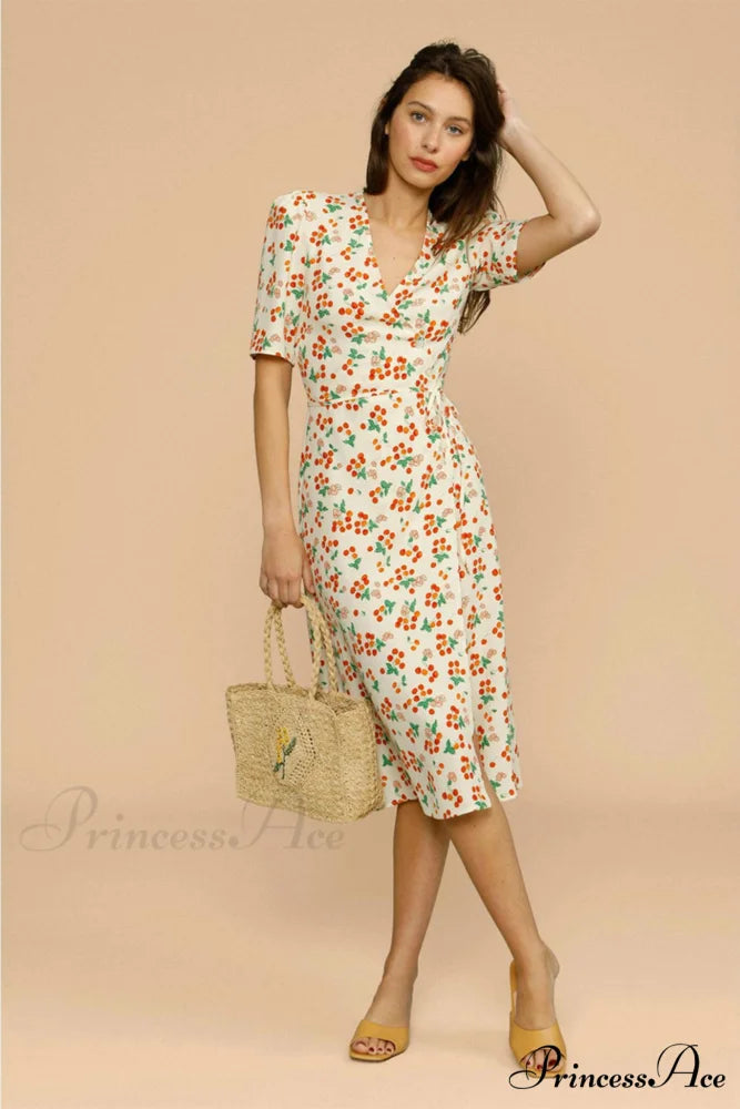 V Neck Slit Short Sleeve Dress Cherry / S