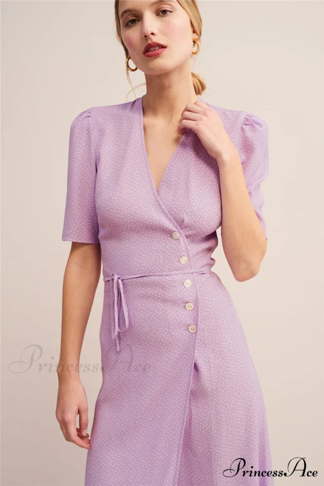 V Neck Slit Short Sleeve Dress Purple / XS