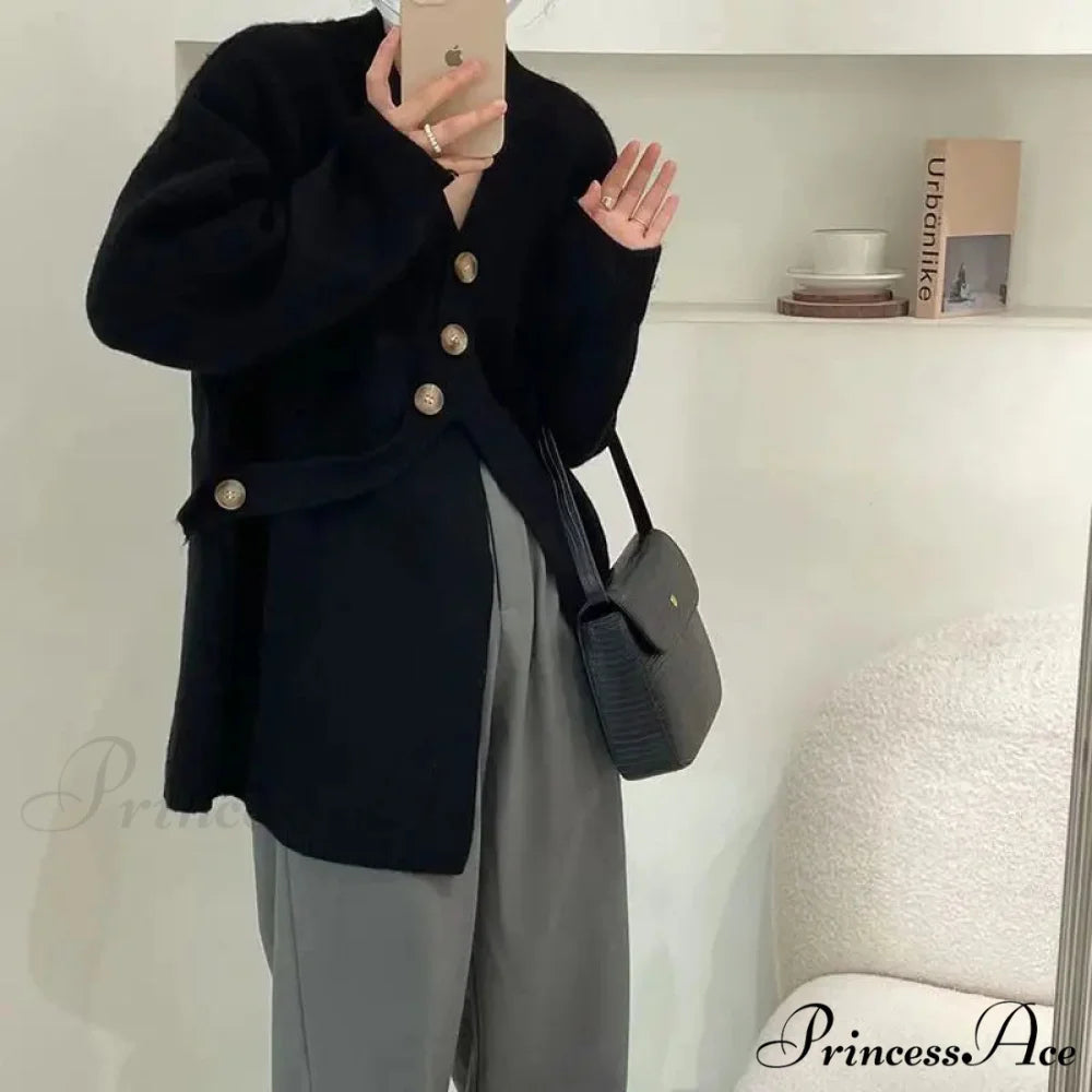 V-Neck Solid Simplicity Office Lady Autumn Knit Cardigan V-Neck Stable Minimalist Professional Woman Fall Knit Cardigan