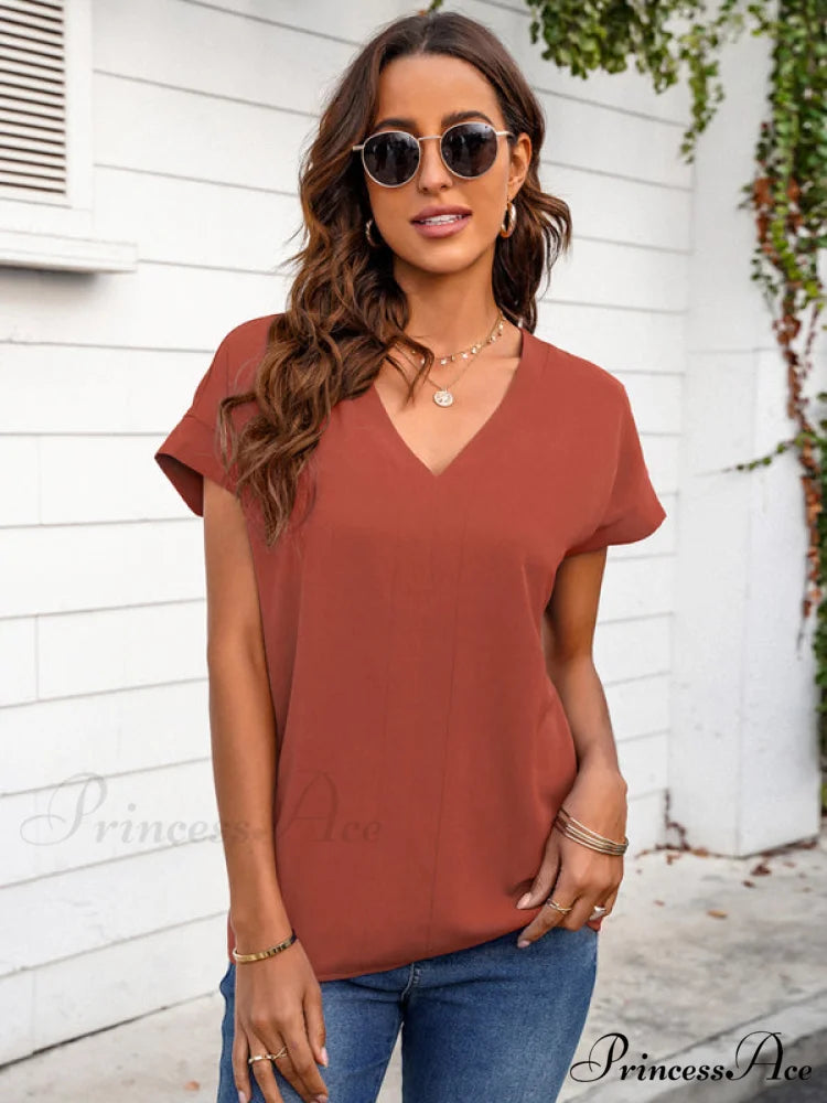 V-neck Solid sleeve T-shirt for short women
