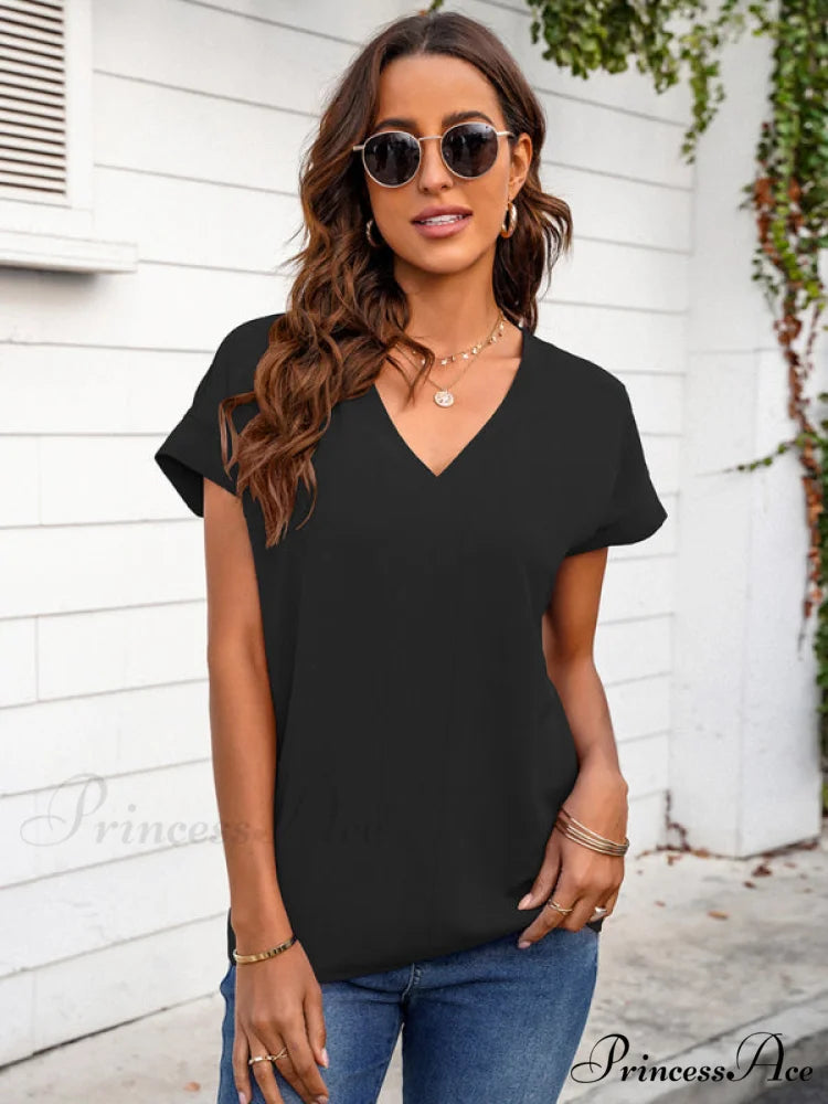 V-neck Solid sleeve T-shirt for short women