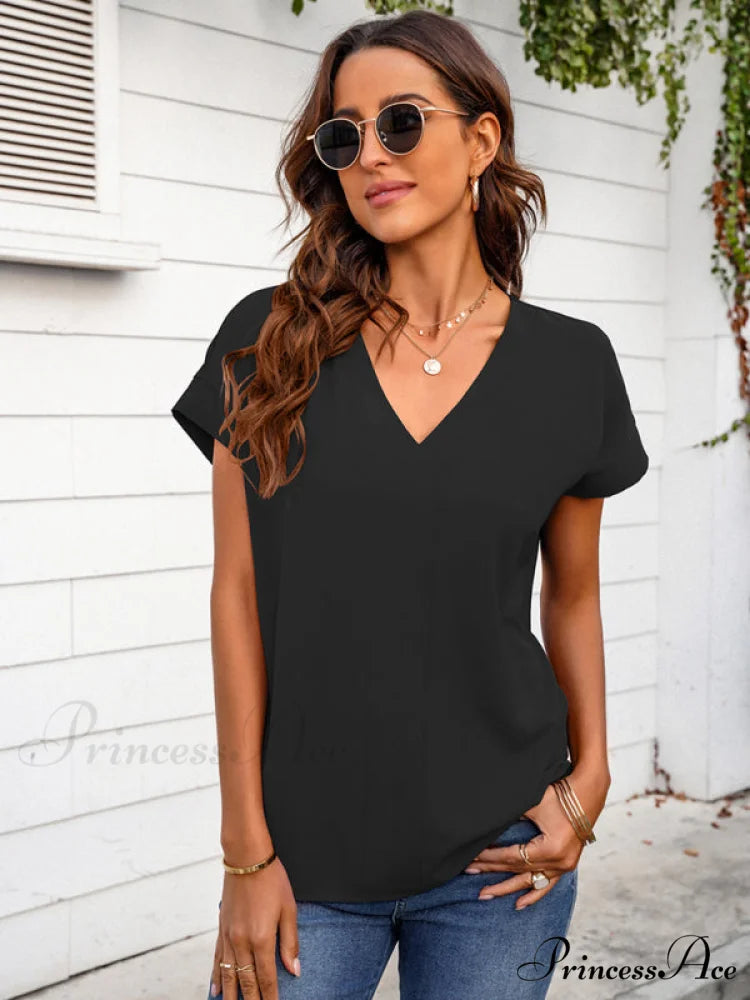 V-neck Solid sleeve T-shirt for short women Black / S