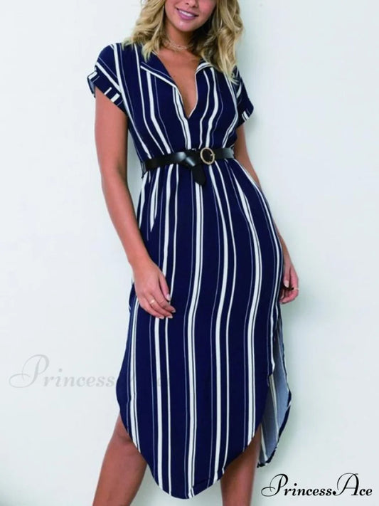 V-Neck Split-Side Warm-Season Striped Midi Dress