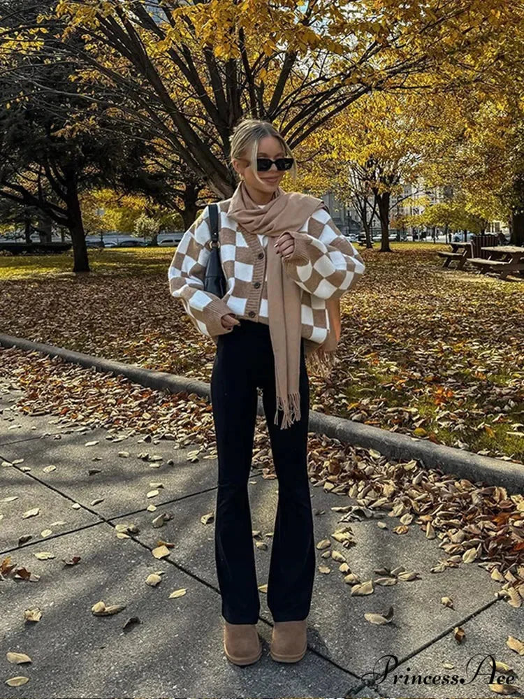 V-neck Square Printed Color Block Cardigan Modified Output: V-neck Square Patterned Colorful Block Sweater