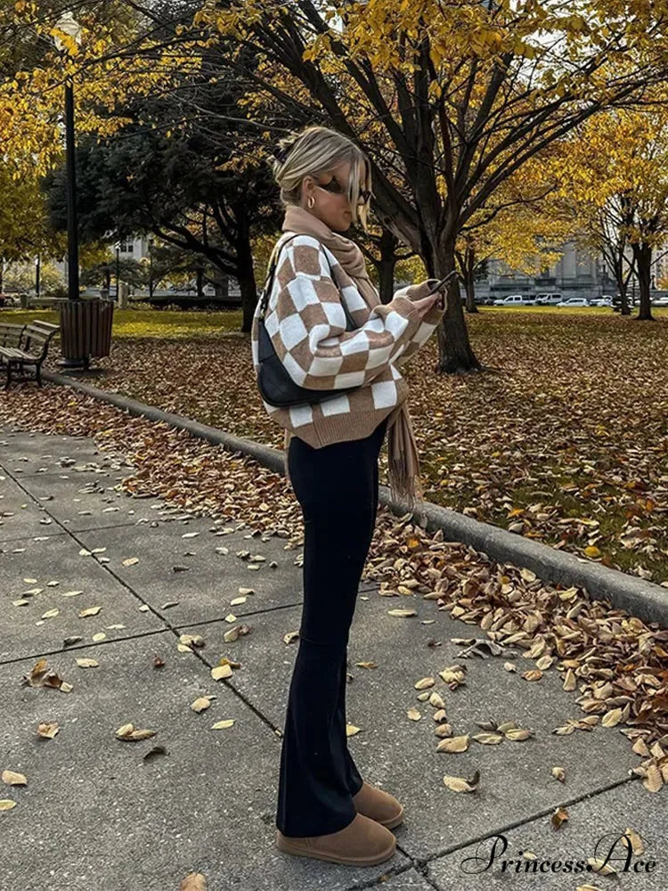 V-neck Square Printed Color Block Cardigan Modified Output: V-neck Square Patterned Colorful Block Sweater