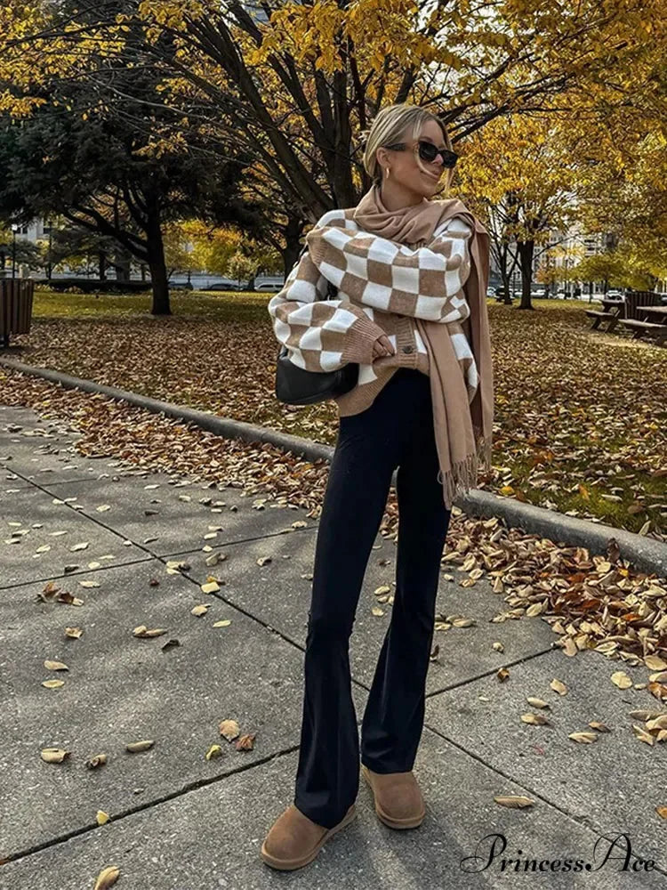 V-neck Square Printed Color Block Cardigan Modified Output: V-neck Square Patterned Colorful Block Sweater