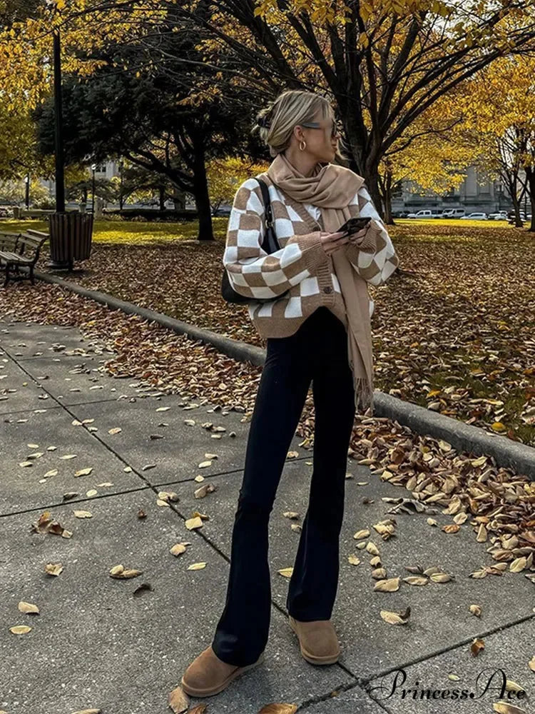 V-neck Square Printed Color Block Cardigan Modified Output: V-neck Square Patterned Colorful Block Sweater