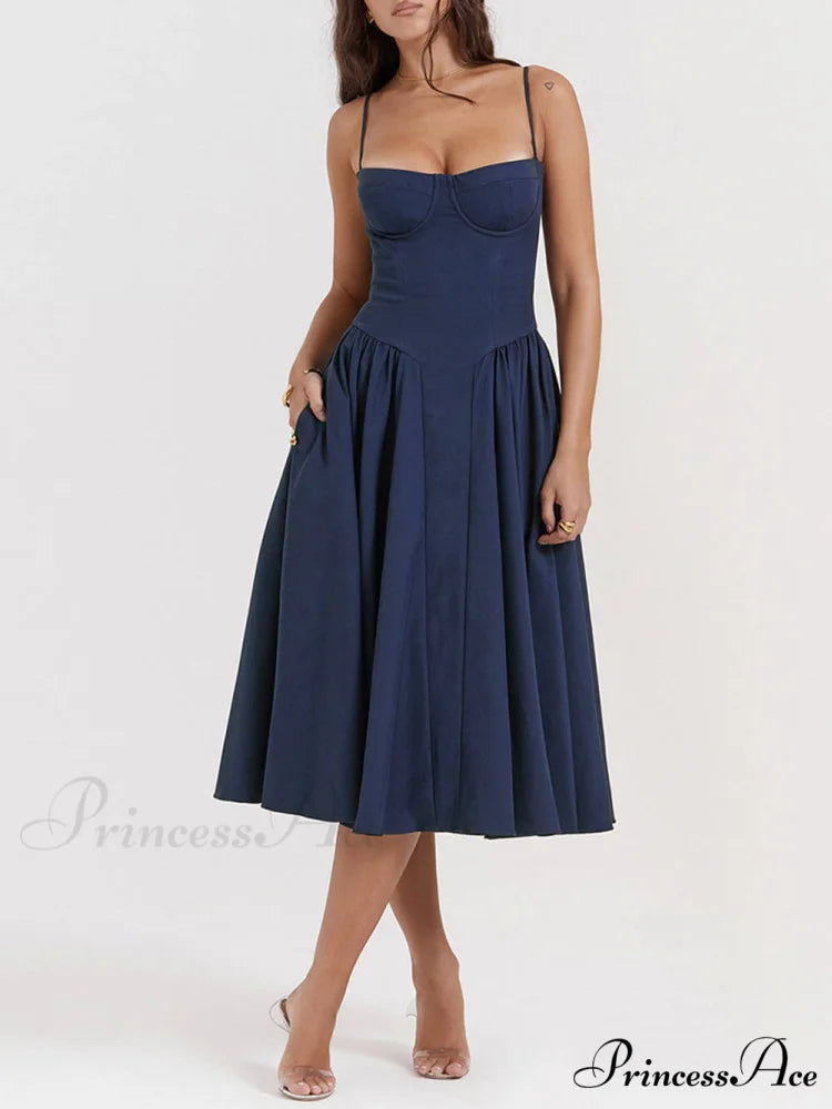 V-Neck Strapless Stylish Midi Dress Navy Blue / XS
