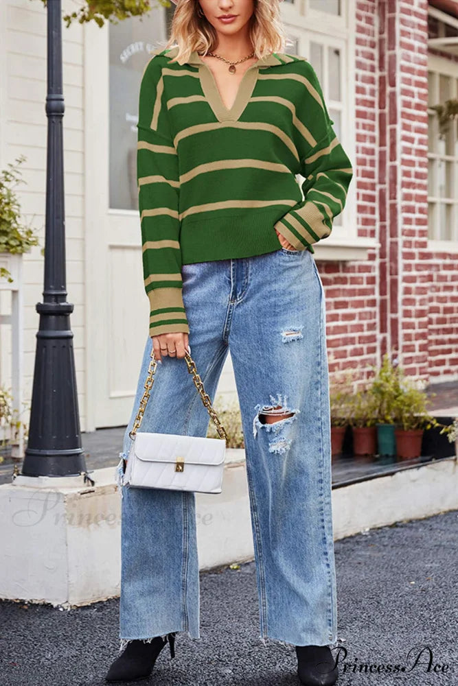 V-neck Striped Sweater with Lapel Green / M
