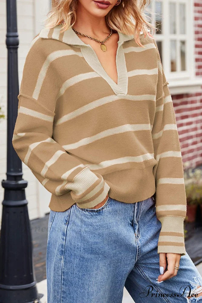 V-neck Striped Sweater with Lapel Khaki / L