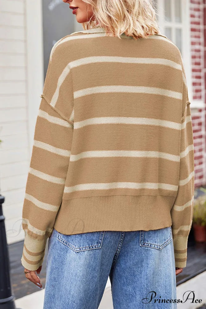 V-neck Striped Sweater with Lapel Khaki / M
