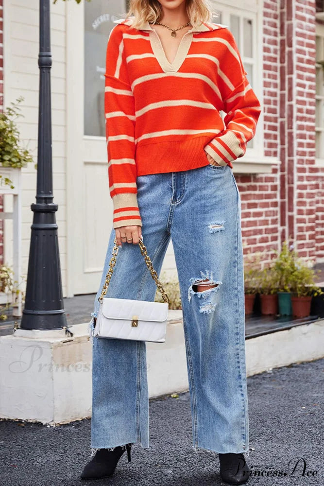 V-neck Striped Sweater with Lapel Orange / L