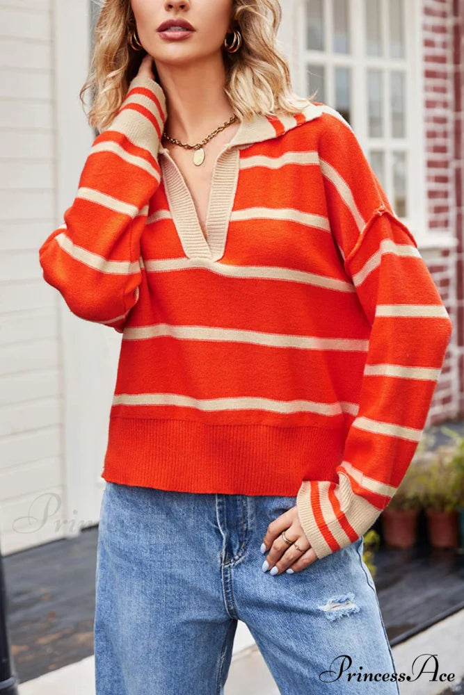 V-neck Striped Sweater with Lapel Orange / XL