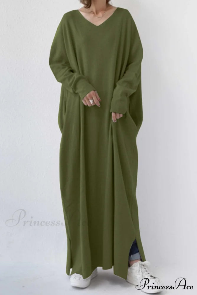 V Neck Sweatshirt Dress with Slit Hem Army Green / S
