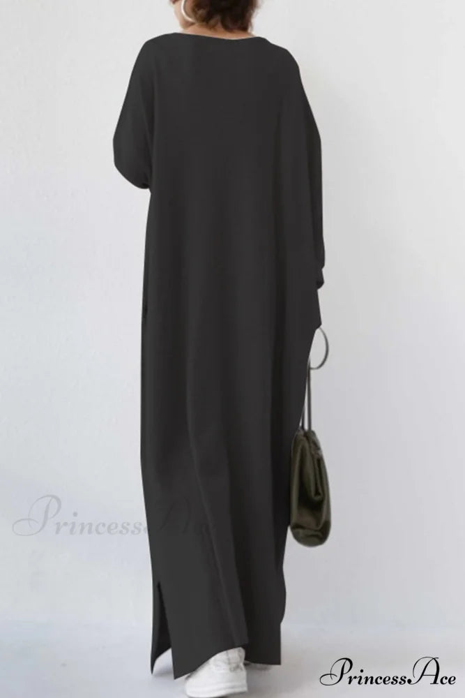 V Neck Sweatshirt Dress with Slit Hem Black / XL