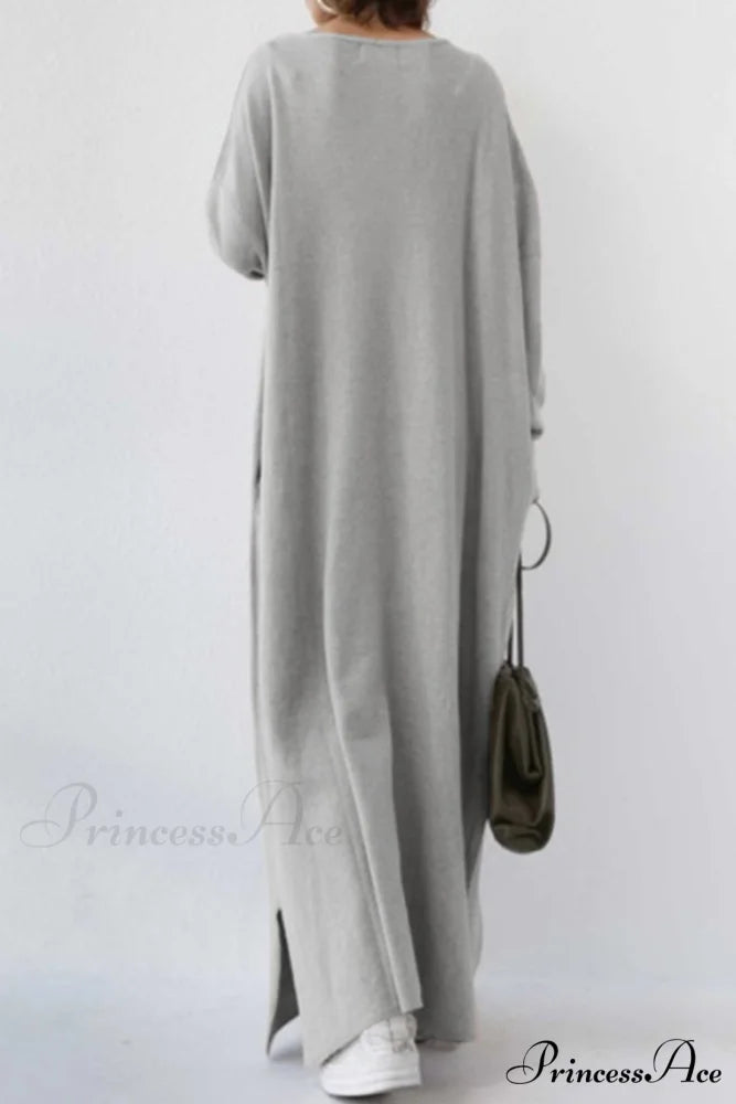 V Neck Sweatshirt Dress with Slit Hem Grey / 4XL